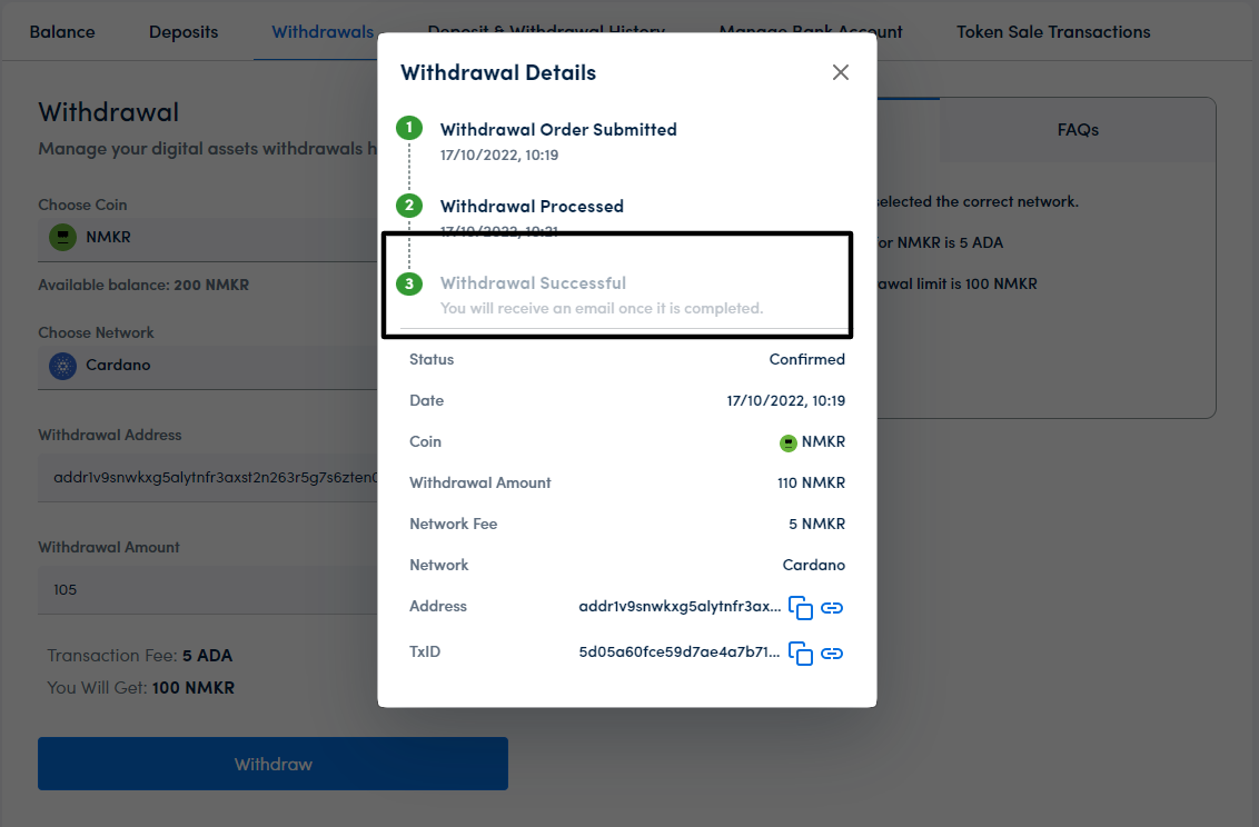 successful withdraw NMKR successful withdraw NMKR
