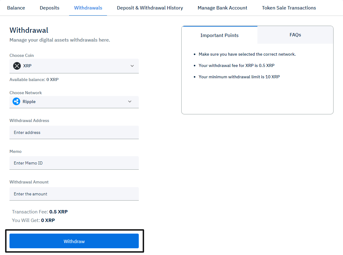 xrp withdraw button
